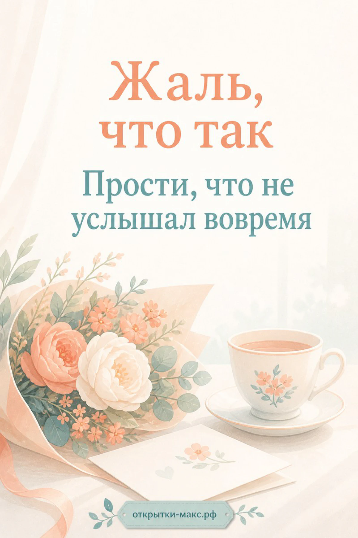 Букет персиковых роз и чашка чая с блюдцем на светлом фоне рядом с открыткой «Жаль, что так»
