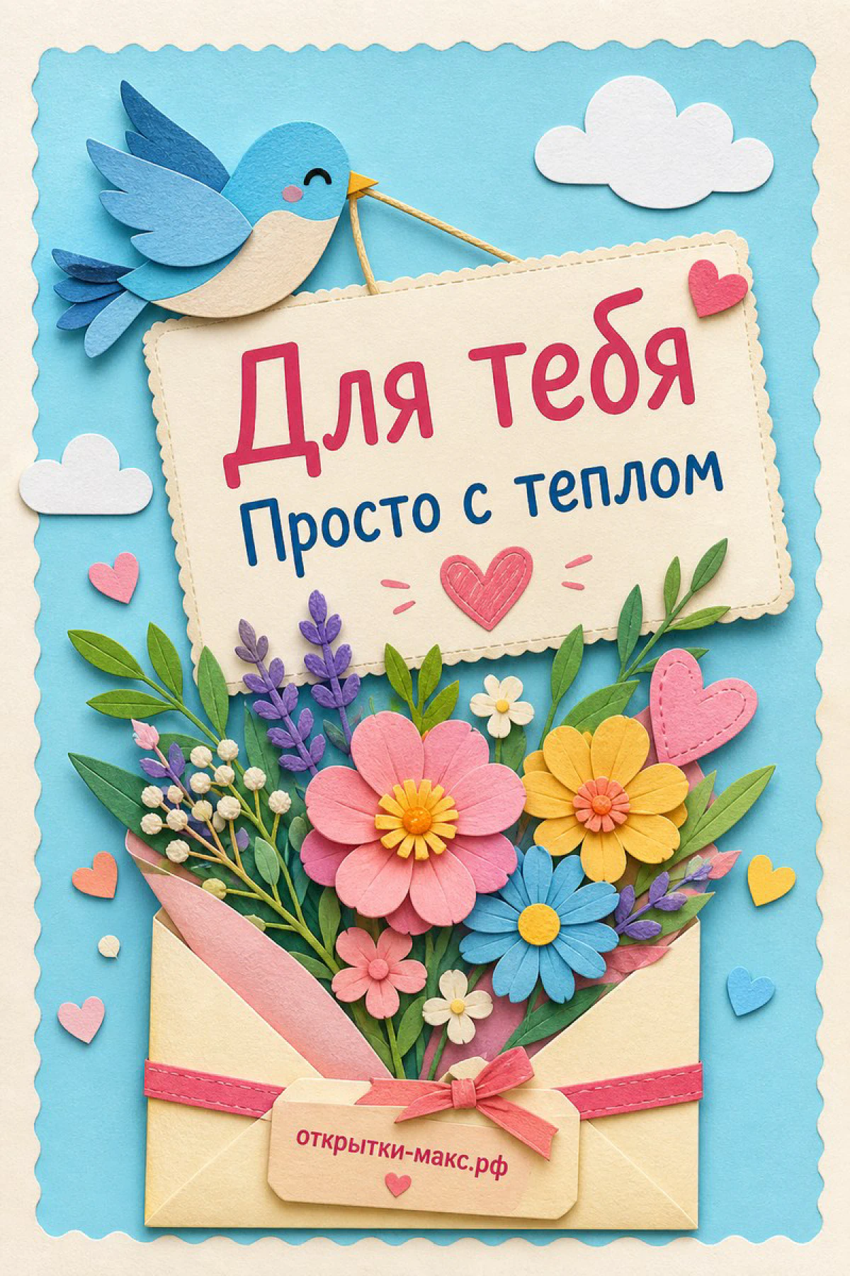 Аппликационная открытка с голубой птицей конвертом с цветами и надписью Для тебя просто с теплом