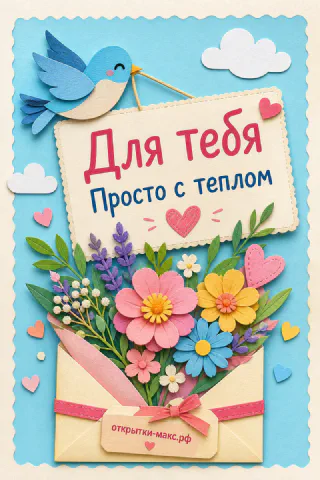 Аппликационная открытка с голубой птицей конвертом с цветами и надписью Для тебя просто с теплом