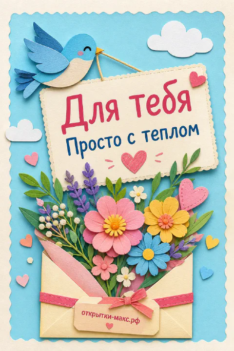 Аппликационная открытка с голубой птицей конвертом с цветами и надписью Для тебя просто с теплом