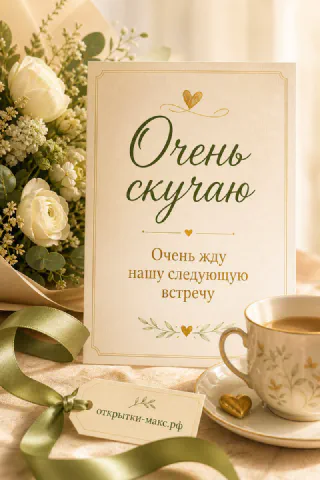Открытка-карточка с надписью Очень скучаю рядом с белыми розами и чашкой кофе на кремовом фоне