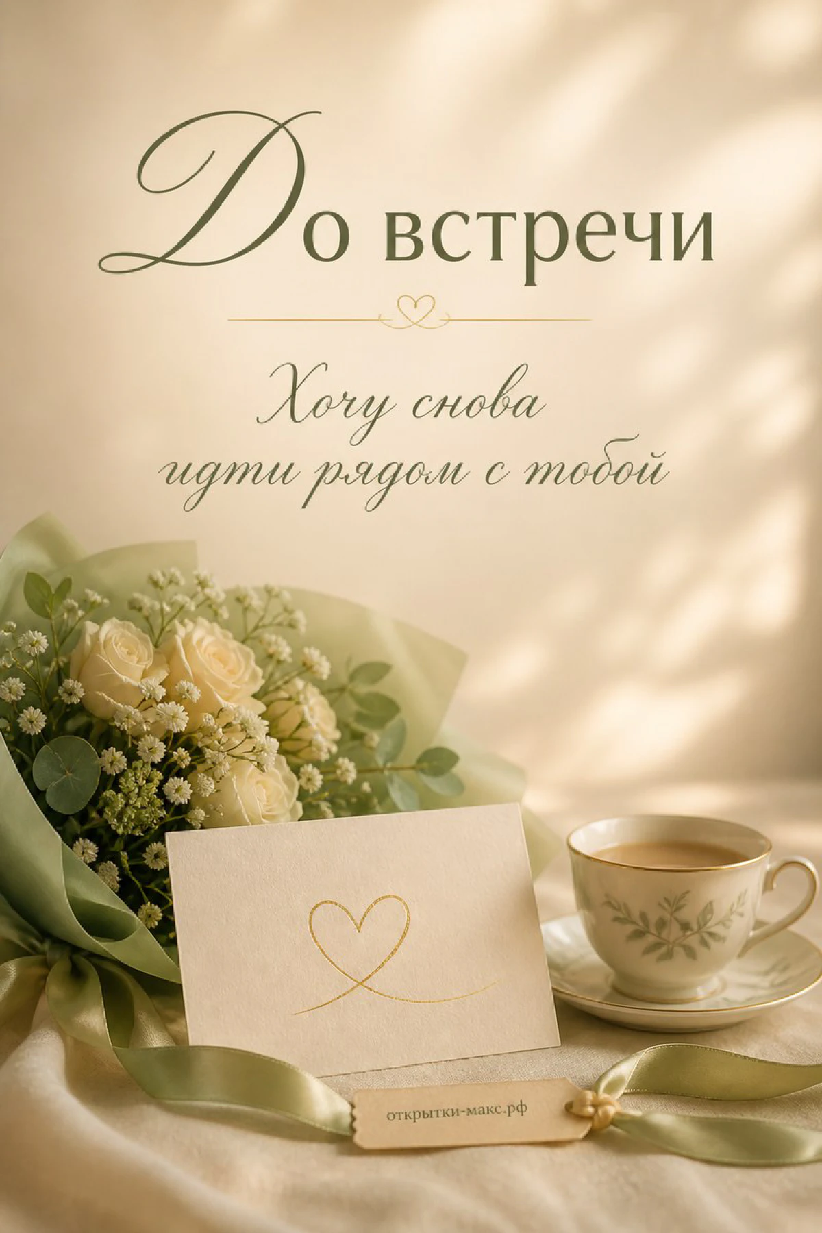 Пустой стул рядом со столиком, открытка и теплые вечерние блики