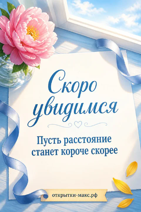 Розовый пион в стеклянной вазе у окна с голубой лентой и карточкой с надписью Скоро увидимся