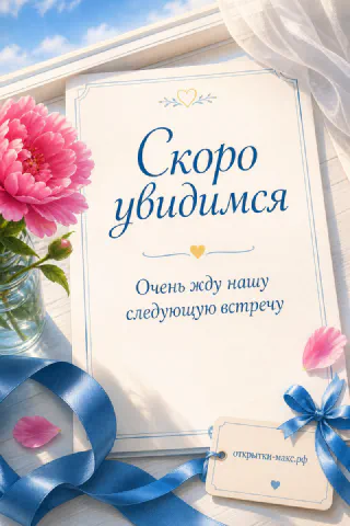 Розовые герберы и белая открытка-карточка с голубой лентой на светлом деревянном фоне с надписью Скоро увидимся