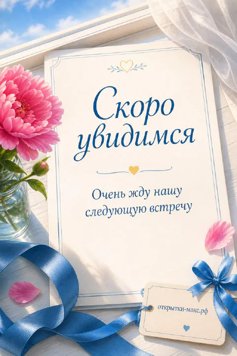 Розовые герберы и белая открытка-карточка с голубой лентой на светлом деревянном фоне с надписью Скоро увидимся