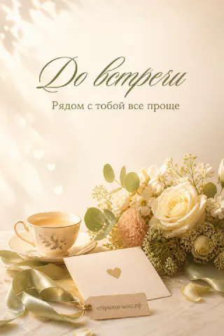 Букет белых роз с чашкой кофе и конвертом на тёплом бежевом фоне с надписью До встречи и Скучаю