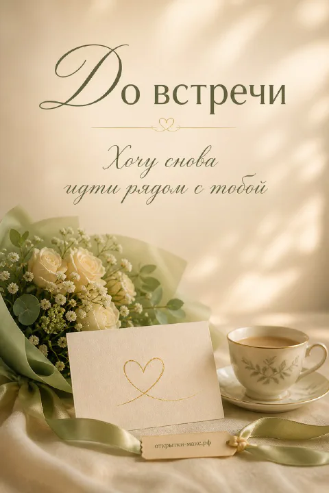 Нежный букет с гипсофилой и чашкой кофе на бежевом фоне с надписью До встречи