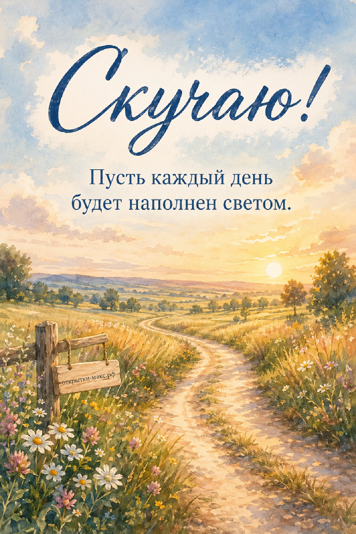 Акварельная извилистая дорожка через летний луг с ромашками и полевыми цветами, уходящая к горизонту с заходящим солнцем