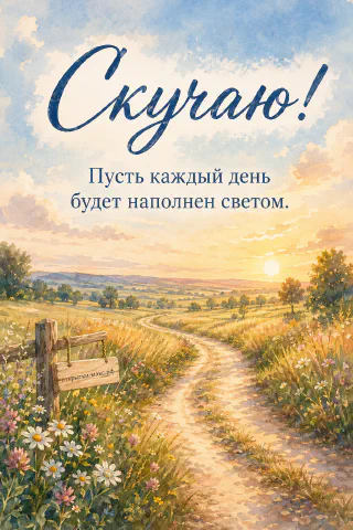 Акварельная извилистая дорожка через летний луг с ромашками и полевыми цветами, уходящая к горизонту с заходящим солнцем