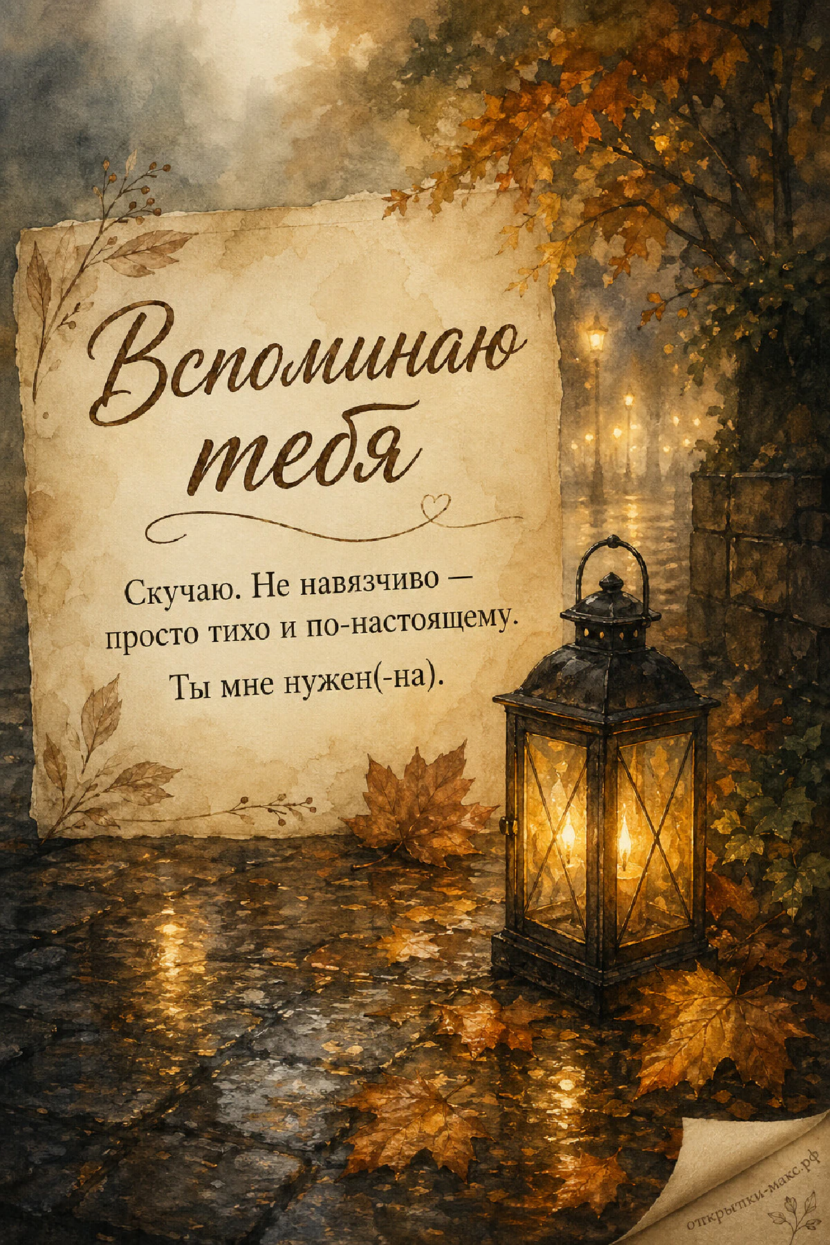 Горящий бронзовый фонарь на мощёной осенней улице с золотыми листьями в тумане рядом с пергаментным свитком