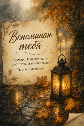 Горящий бронзовый фонарь на мощёной осенней улице с золотыми листьями в тумане рядом с пергаментным свитком