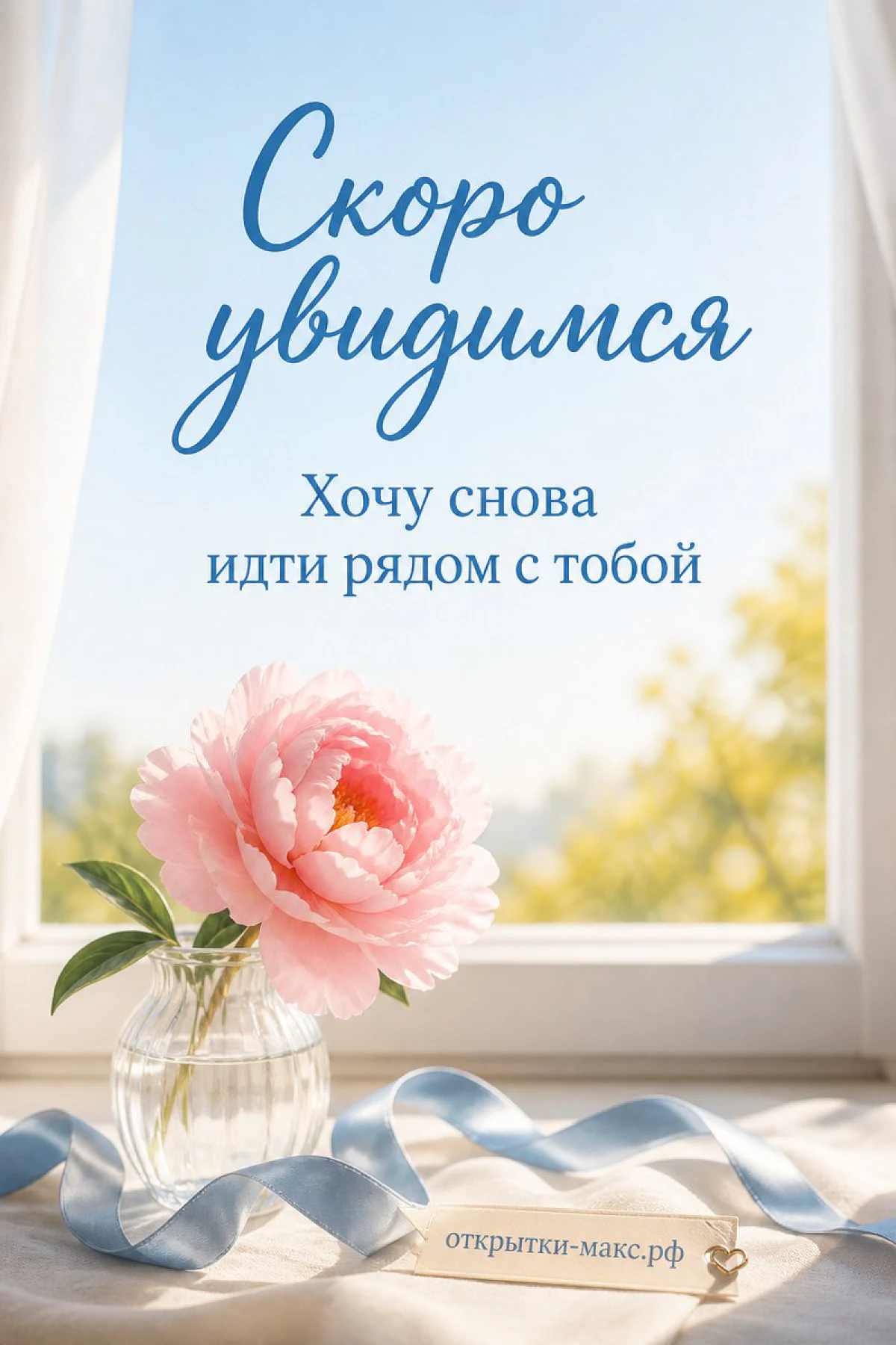 Розовый пион в стеклянной вазе на подоконнике с голубой лентой и солнечным светом