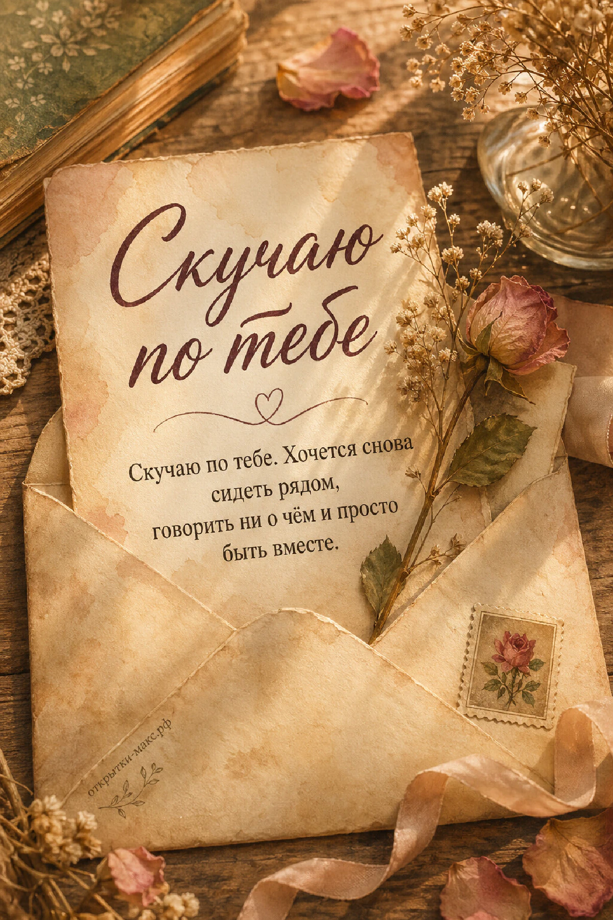Старинный крафтовый конверт с запиской и маркой с розой, розовая сушёная роза и сухоцветы на деревянном столе