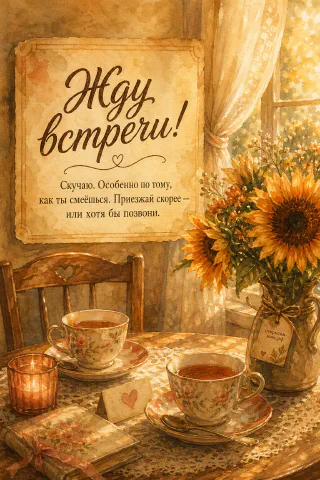 Акварельный стол с двумя фарфоровыми чашками чая, свечой, письмом с сердечком, вазой с подсолнухами и книгой у солнечного окна