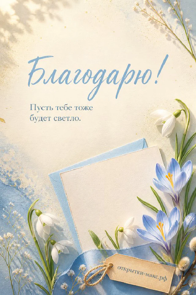 Открытка «Благодарю!» с ветками вербы в белой вазе, зелёным блокнотом и карточкой на деревянном столе — вариант 4