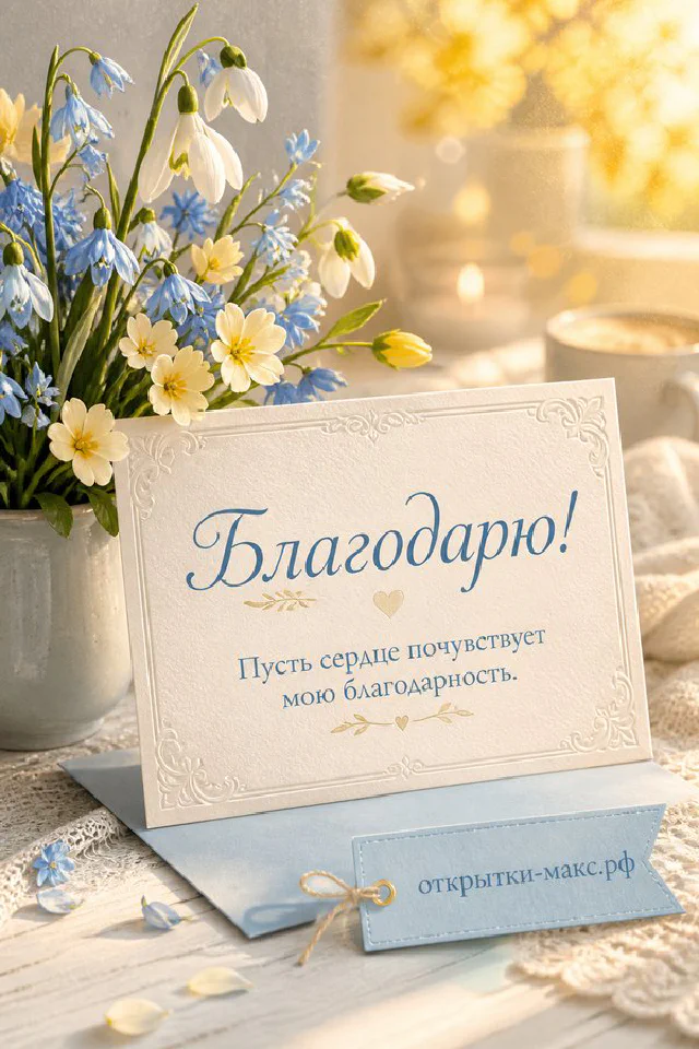 Открытка «Благодарю!» с букетом подснежников и крокусов в мешковине рядом с конвертом — вариант 2