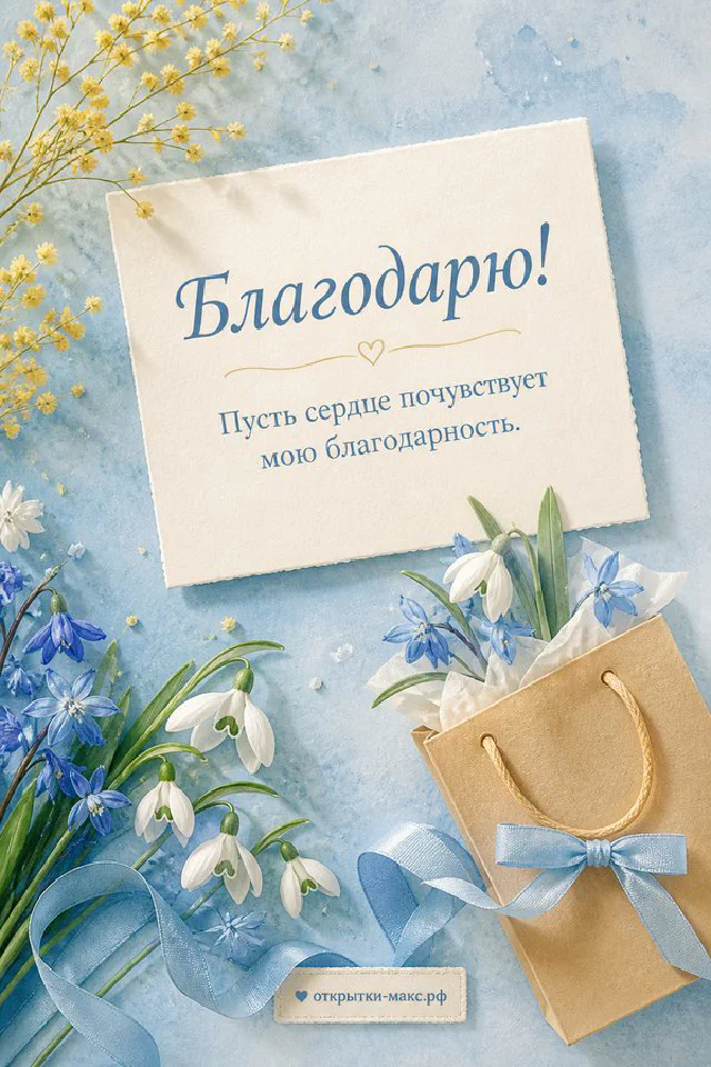 Открытка «Благодарю!» с букетом подснежников и крокусов в мешковине рядом с конвертом — вариант 4