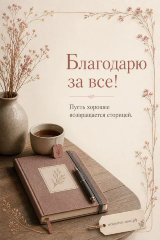 Коричневый кожаный блокнот с ручкой и чашкой чая рядом с вазой сухоцветов на деревянном столе — открытка «Благодарю за всё»