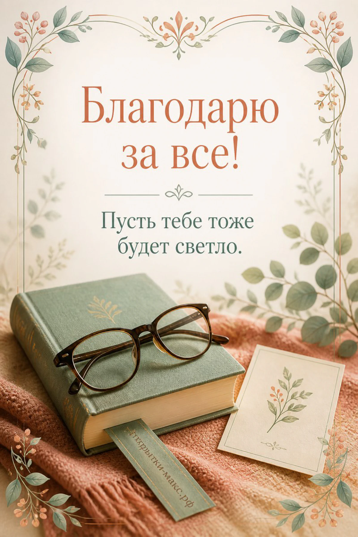 Зелёная книга с очками на тёплом терракотовом пледе рядом с открыткой «Благодарю за всё. Пусть будет светло»