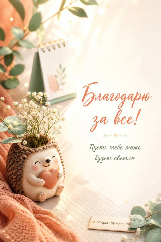 Зелёная книга с очками на тёплом терракотовом пледе рядом с открыткой «Благодарю за всё. Пусть будет светло» — вариант 2