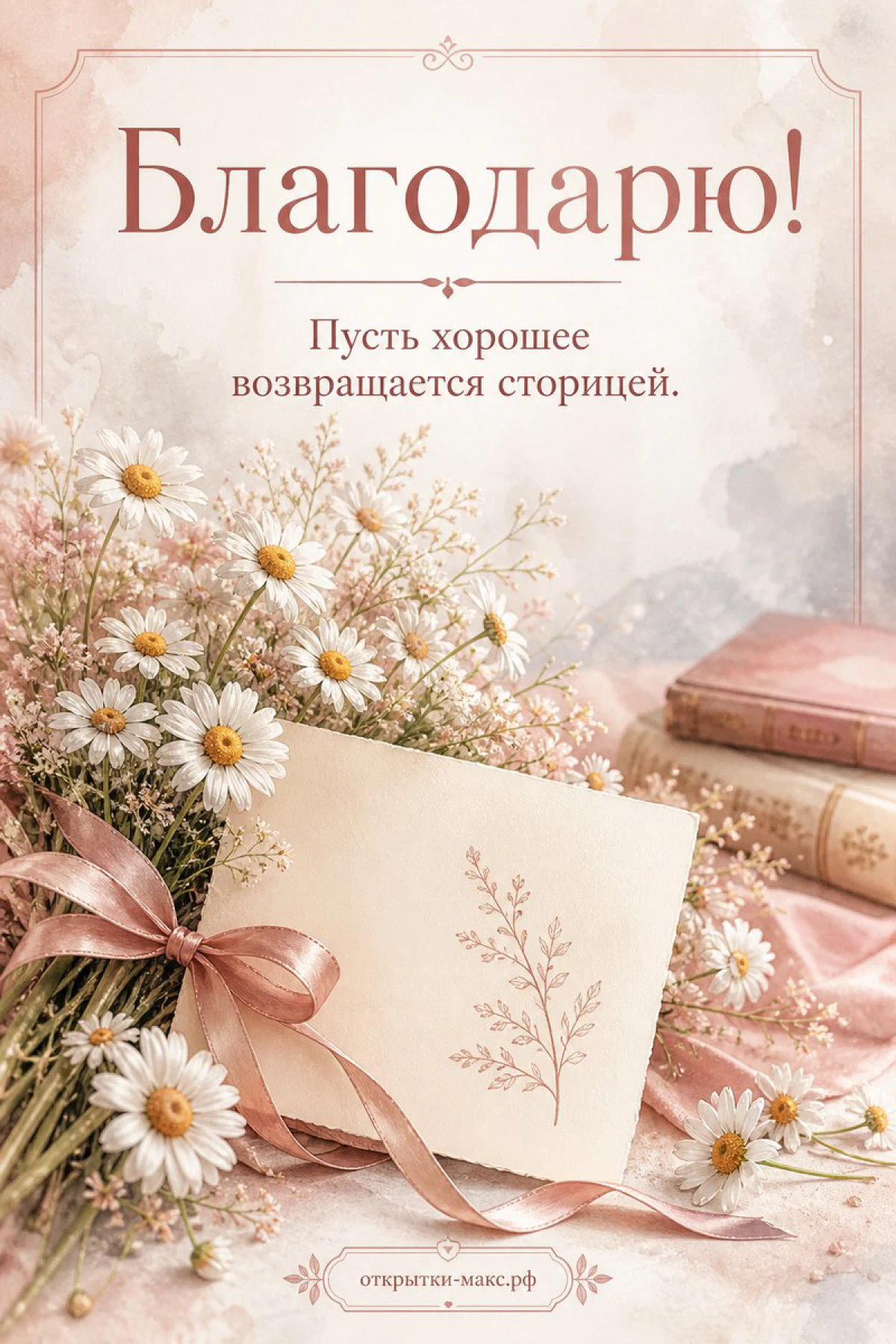 Пышный букет белых ромашек с розовой лентой и конверт с веточкой на розовом фоне