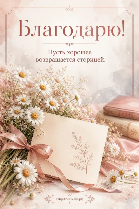 Пышный букет белых ромашек с розовой лентой и конверт с веточкой на розовом фоне