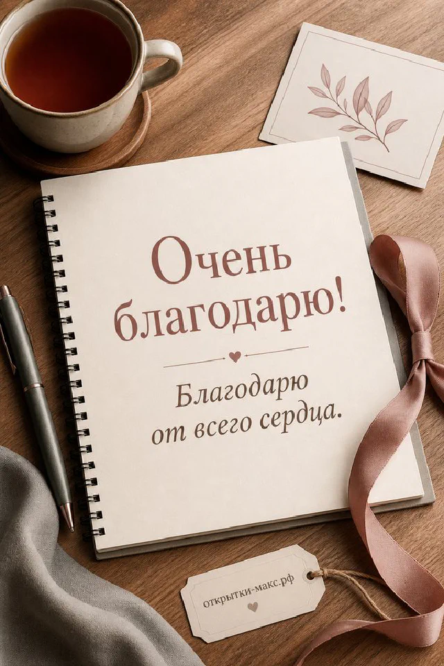 Открытка с надписью «Очень благодарю!» на светлом листе с лавандовым рисунком, рядом горящая свеча и чашка чая на деревянном столе — вариант 2