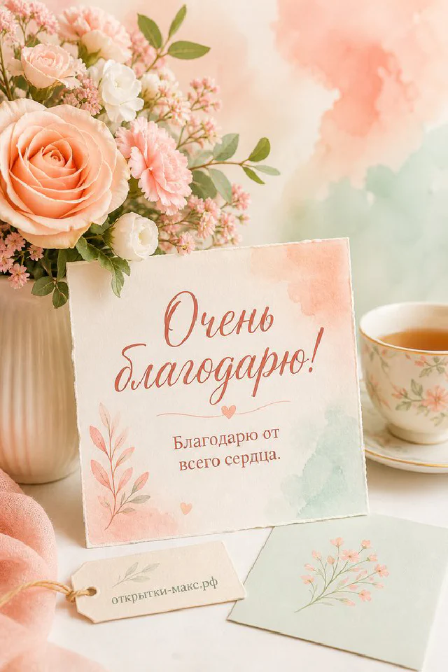 Открытка с надписью «Очень благодарю!» на светлом листе с лавандовым рисунком, рядом горящая свеча и чашка чая на деревянном столе — вариант 3