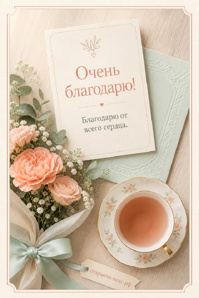 Открытка с надписью «Очень благодарю!» на светлом листе с лавандовым рисунком, рядом горящая свеча и чашка чая на деревянном столе — вариант 6