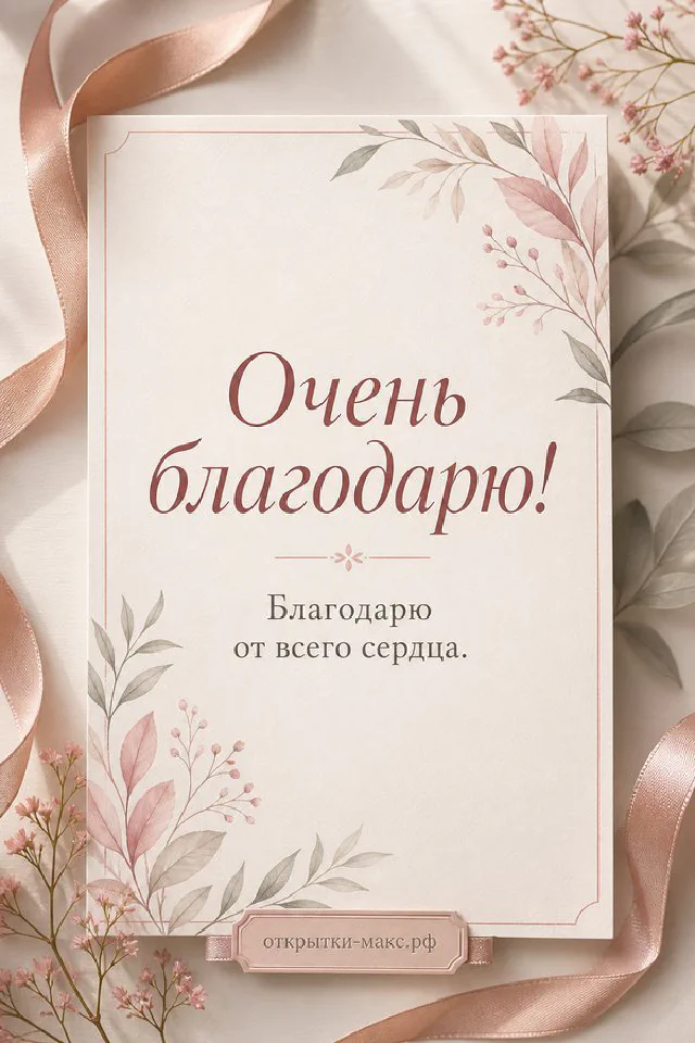 Открытка с надписью «Очень благодарю!» на светлом листе с лавандовым рисунком, рядом горящая свеча и чашка чая на деревянном столе — вариант 8
