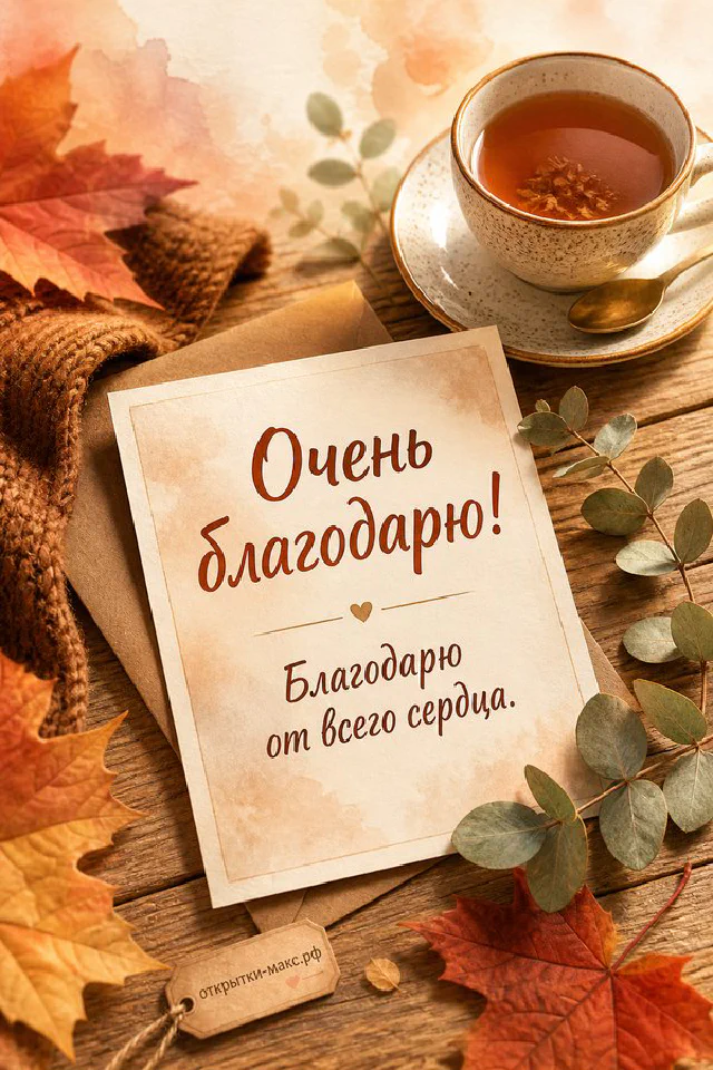 Открытка с надписью «Очень благодарю!» на светлом листе с лавандовым рисунком, рядом горящая свеча и чашка чая на деревянном столе — вариант 4