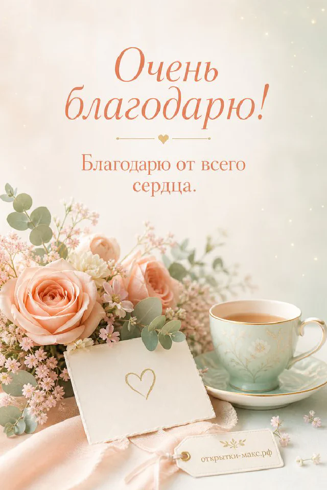 Открытка с надписью «Очень благодарю!» на светлом листе с лавандовым рисунком, рядом горящая свеча и чашка чая на деревянном столе — вариант 5