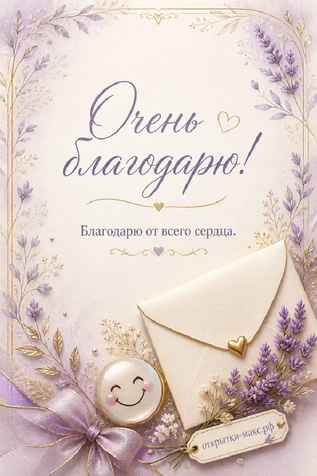 Открытка с надписью «Очень благодарю!» на светлом листе с лавандовым рисунком, рядом горящая свеча и чашка чая на деревянном столе — вариант 7