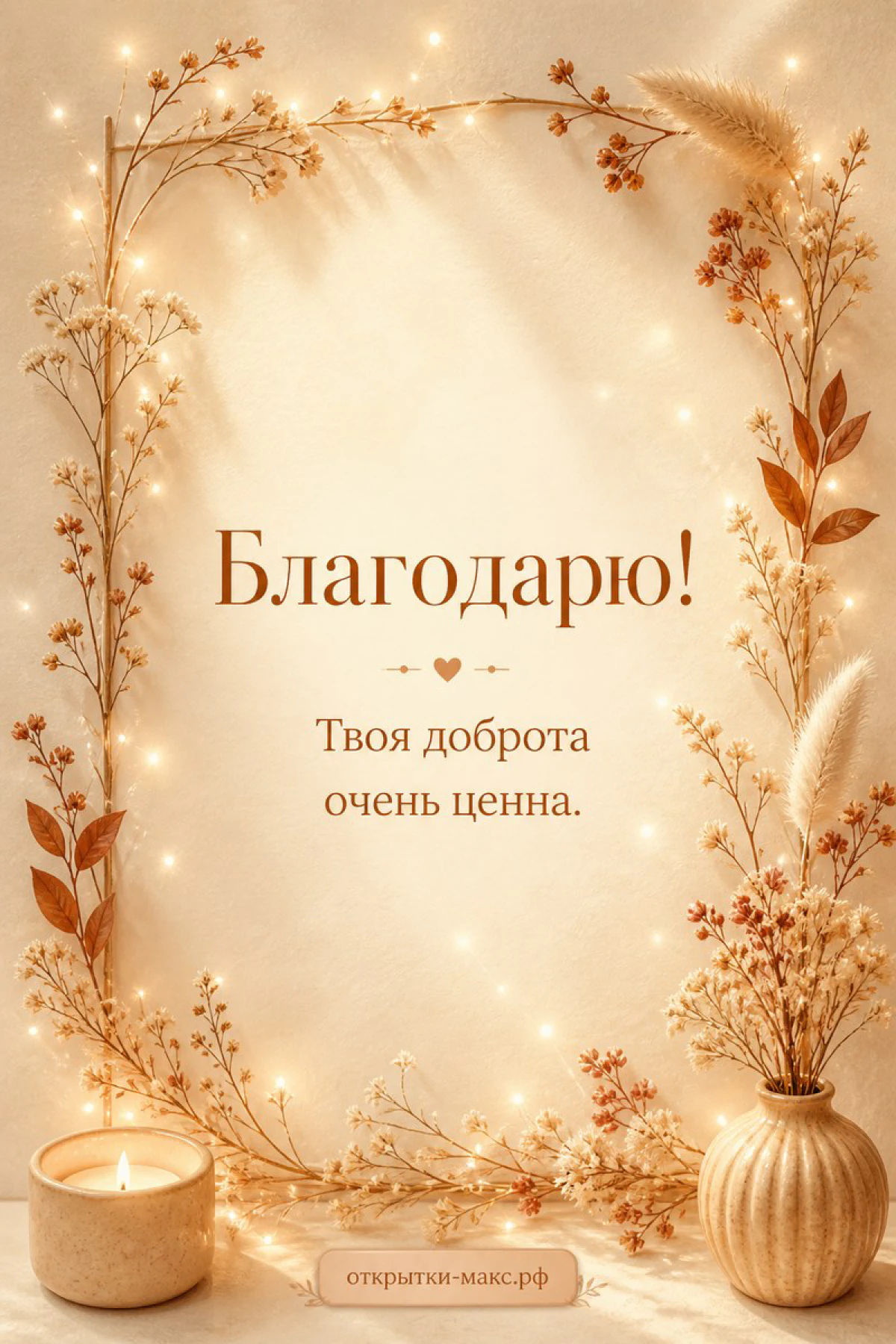 Золотистые сухие ветки и трава в светлой вазе, горящая свеча, на бежевом фоне с надписью Благодарю