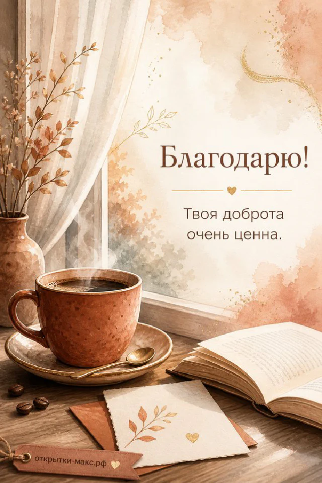 Золотистые сухие ветки и трава в светлой вазе, горящая свеча, на бежевом фоне с надписью Благодарю — вариант 3