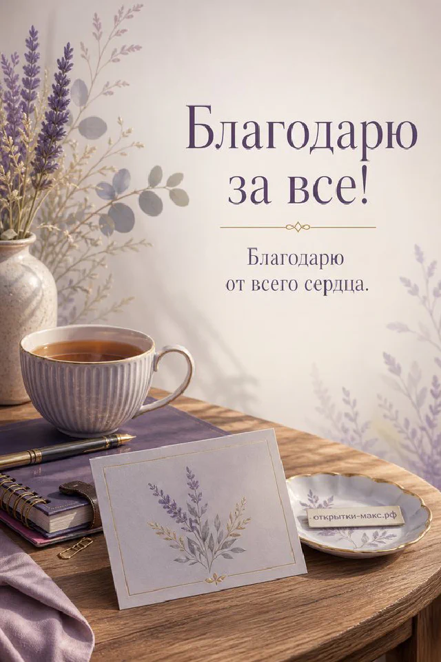 Открытка «Благодарю за всё» с мятной чашкой чая, розовыми розами и вязаной корзинкой на пастельном фоне — вариант 2