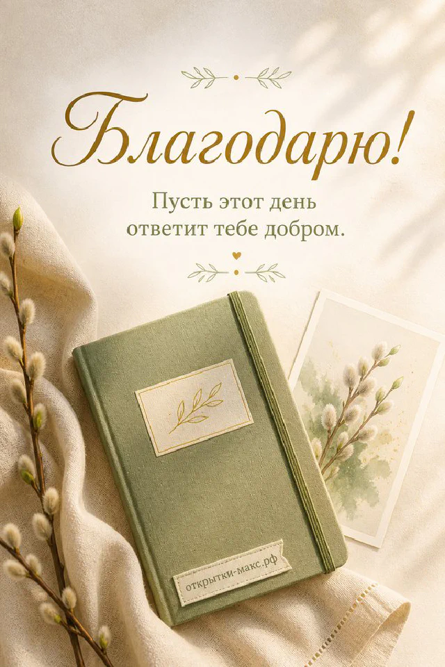 Зелёная книга с золотым растительным тиснением и карточка рядом с веточками вербы на светлом фоне — вариант 4