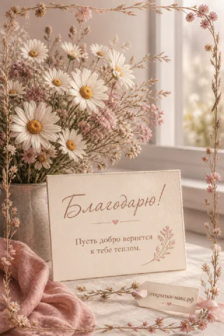 Букет цветов, маленькая открытка с благодарностью и мягкий свет