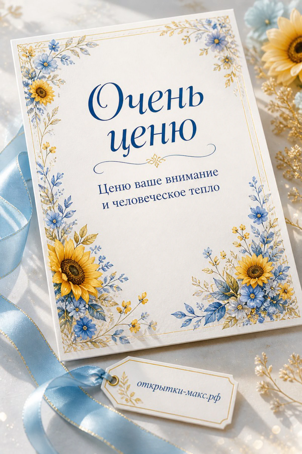Букет цветов, маленькая открытка с благодарностью и мягкий свет