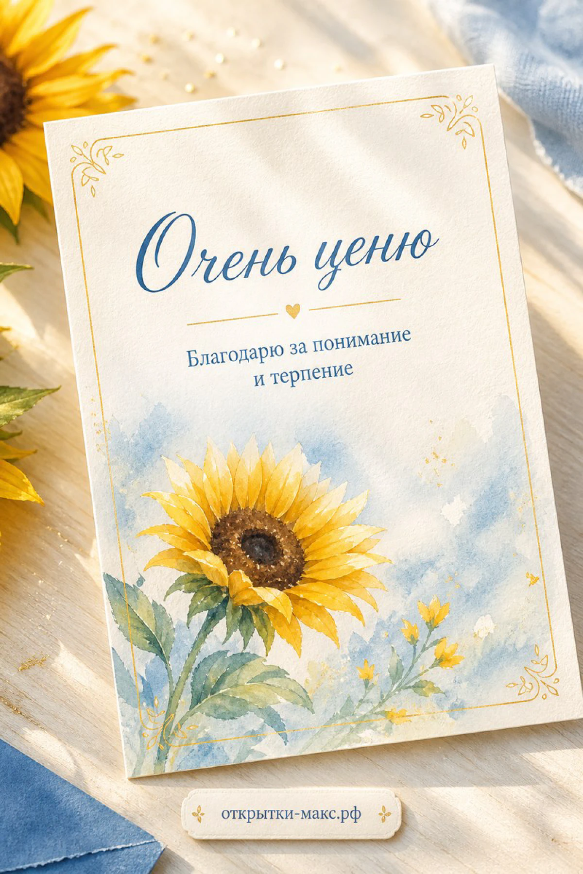 Букет цветов, маленькая открытка с благодарностью и мягкий свет