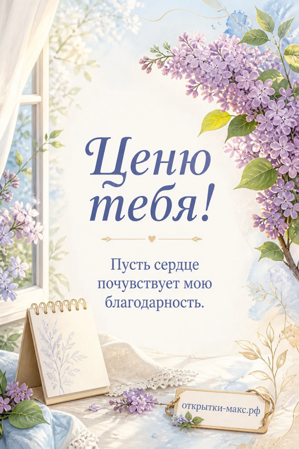 Куст сирени у светлого окна с блокнотом на подоконнике и надписью Ценю тебя