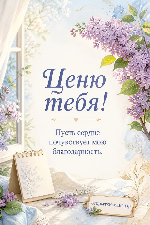 Куст сирени у светлого окна с блокнотом на подоконнике и надписью Ценю тебя
