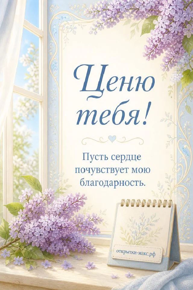 Куст сирени у светлого окна с блокнотом на подоконнике и надписью Ценю тебя — вариант 3