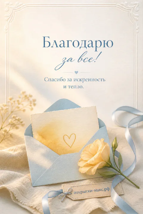 Чашка чая, цветок и аккуратная открытка со словом спасибо