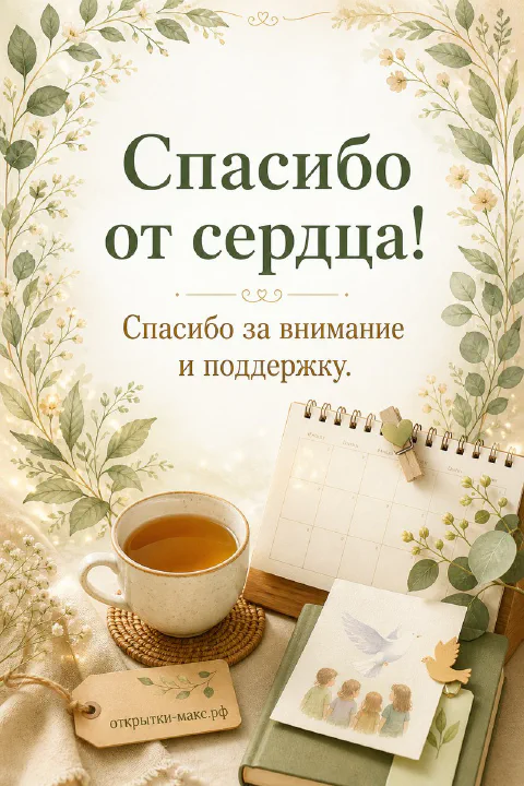 Чашка чая, цветок и аккуратная открытка со словом спасибо