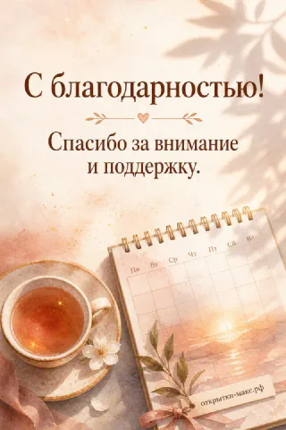Чашка чая, цветок и аккуратная открытка со словом спасибо