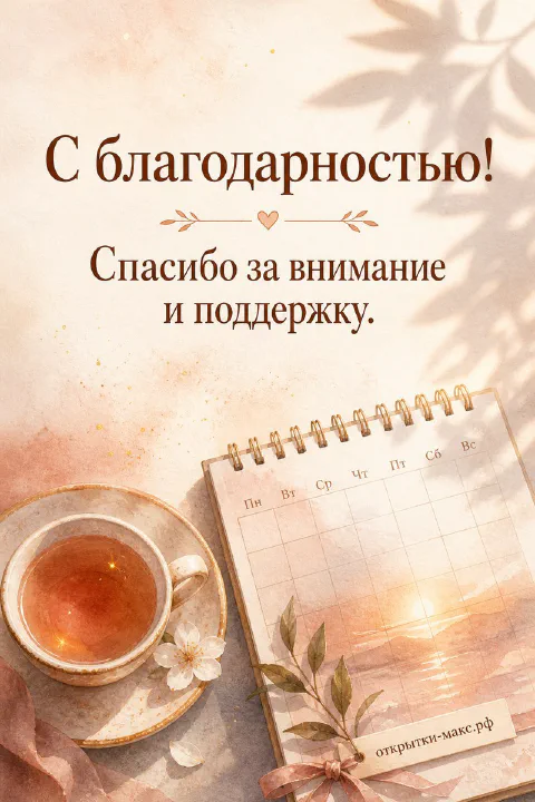 Чашка чая, цветок и аккуратная открытка со словом спасибо