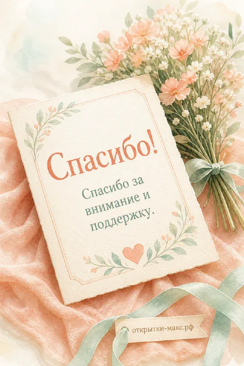 Чашка чая, цветок и аккуратная открытка со словом спасибо