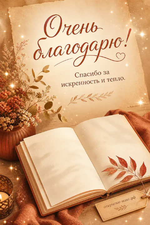 Чашка чая, цветок и аккуратная открытка со словом спасибо
