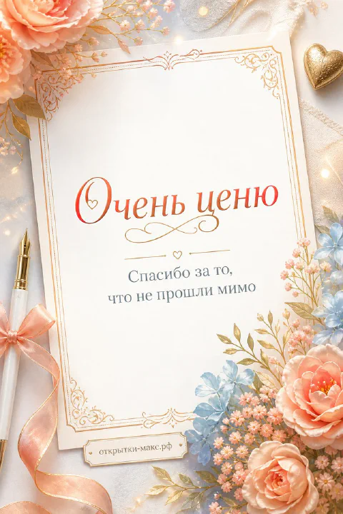 Чашка чая, цветок и аккуратная открытка со словом спасибо